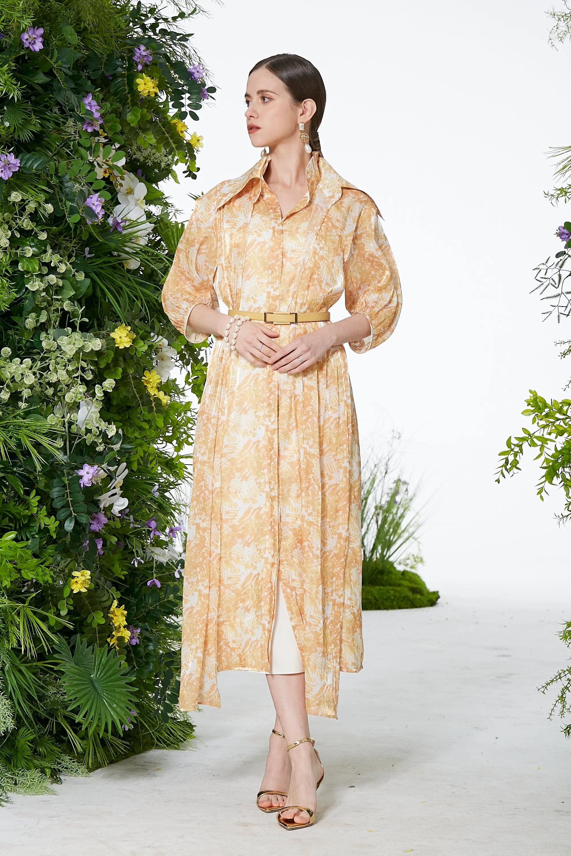 Women's Spring and Summer Stand Collar Belted Vibrant Elegant  Dress ULA